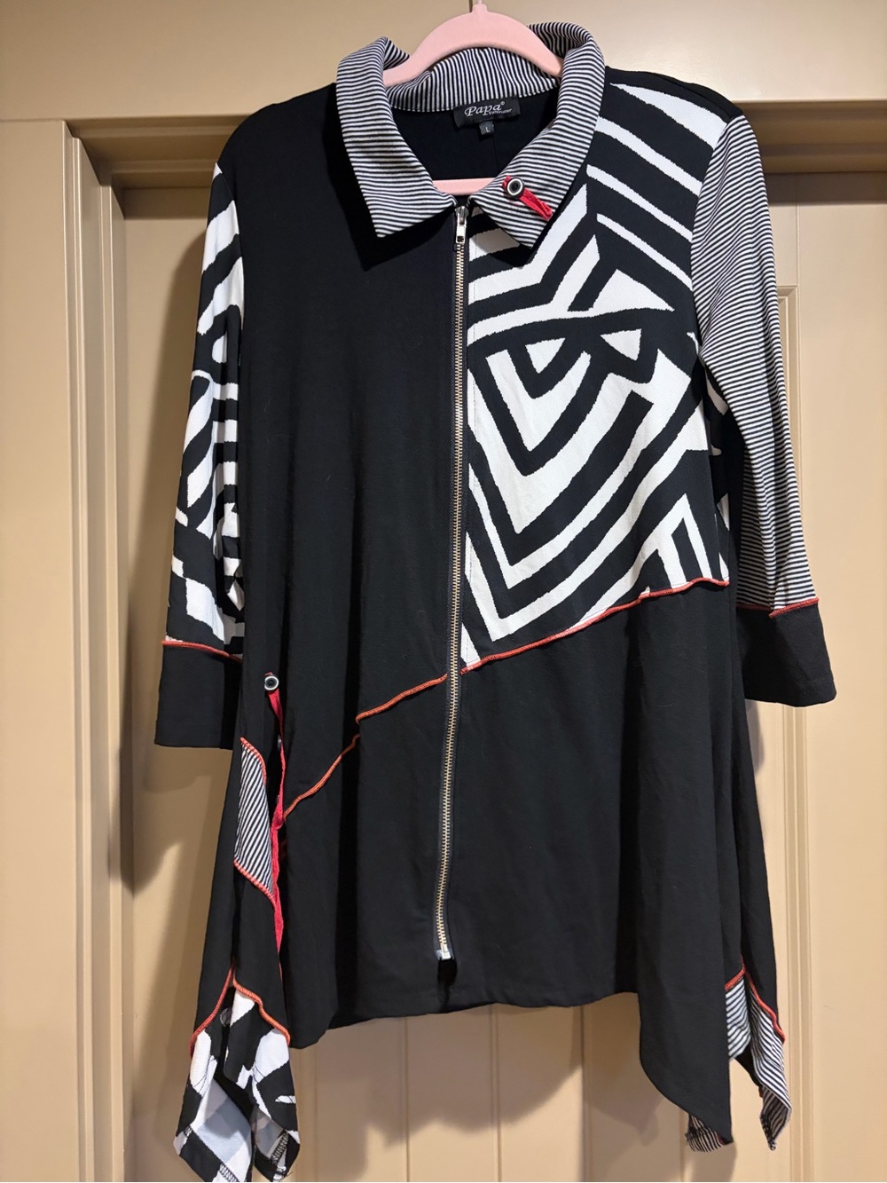 Papa Vancouver Artsy Asymmetric Zip Tonic Jacket Black White Boho Size Large